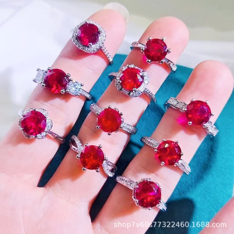 Hot-Selling Jewelry Imitation 2-Carat Ruby Ring, Light Luxury High-End Red Corundum Gemstone Ring Wholesale