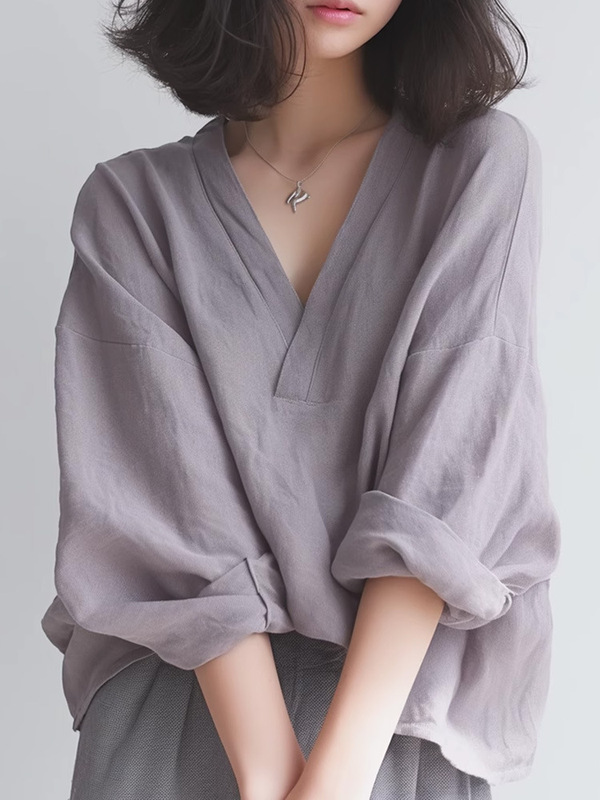 フレンチパープルVネック長袖シャツ、女性用、秋と夏、薄手、2025年新作、高級感、ゆったりとしたカジュアルトップス|undefined