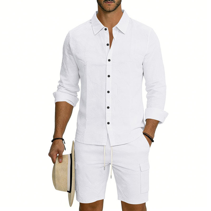 Summer Men's Linen Long Sleeved Shirt Casual Loose Fit Style With Multi Pockets Cargo Shorts Set_viptrois.com