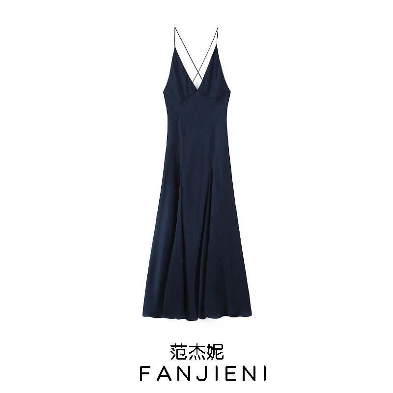 Zr Export Wholesale European and American Style Women's A-Line Hem V Neck Spaghetti Strap Silk Satin Long Dress 9763987