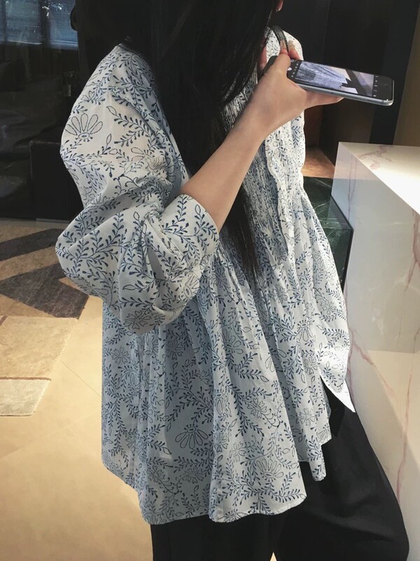 2025 New Autum Round Neck Straight-Breasted Pleated Wide Long-Sleeved Shirt 80-Count Thin Cotton Gauze Top 13