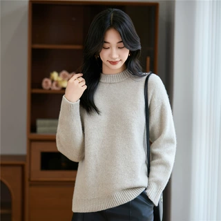 秋冬新款纯羊毛衫女圆领重工加厚双股宽松套头长袖毛衣针织打底衫