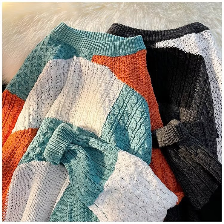 Men's Clothing trend stitching contrast color twisted sweater men's trendy loose high end round neck knitted sweater _voghion.com