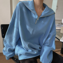 韩国代购货源海军领休闲百搭半拉链宽松oversize女式卫衣海军风