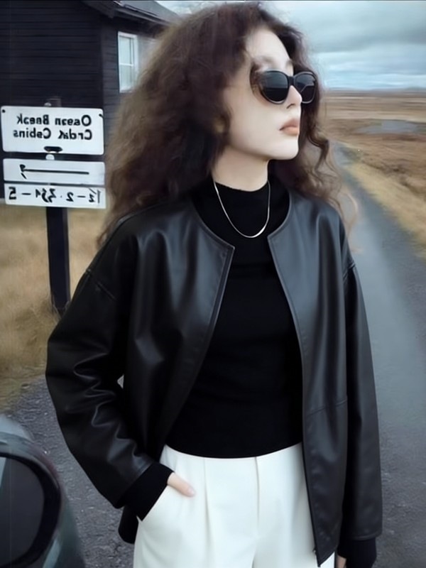 Short black leather jacket for women, spring new style, plus size, slimming, casual, loose-fitting top