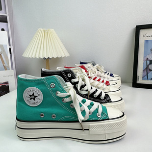 2023 spring new Korean style versatile sapphire blue bright red high-top canvas shoes women's platform height increasing 4CM platform shoes