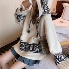 韩版文艺复古连帽套头毛衣女小众设计感港风宽松慵懒风提花针织衫