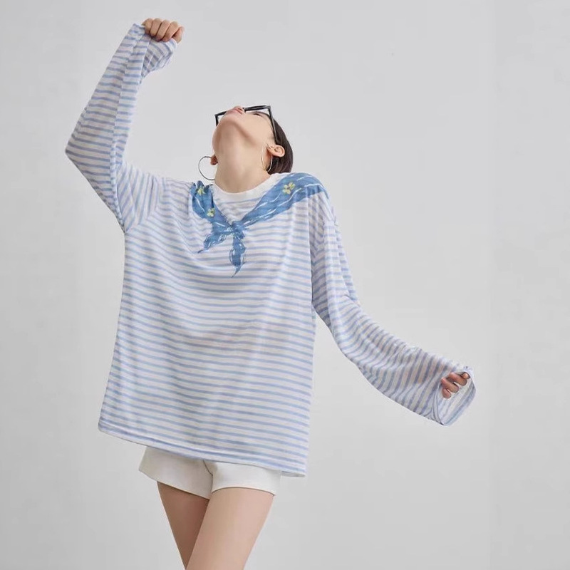Relaxed Floral Navy Collar Printed Stripesd Long-Sleeved Blouse T-Shirt for Women 2025 New Autum Top