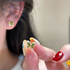 气质轻奢满钻绿色水晶蝴蝶耳钉925银针耳环女小众设计感百搭耳饰