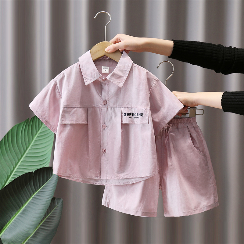 7144 Traje de verano para niños Camisa de manga corta y pantalones cortos para niños de moda 2025 Nuevo estilo estilo occidental bebé delgado verano