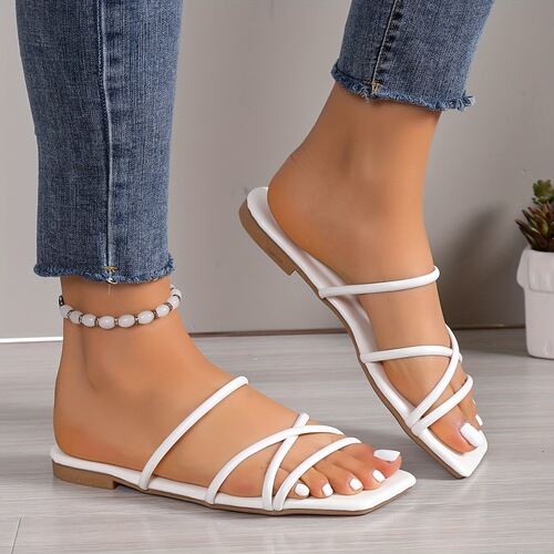 Women's Solid Color Slide Sandals Casual Square Toe Flat