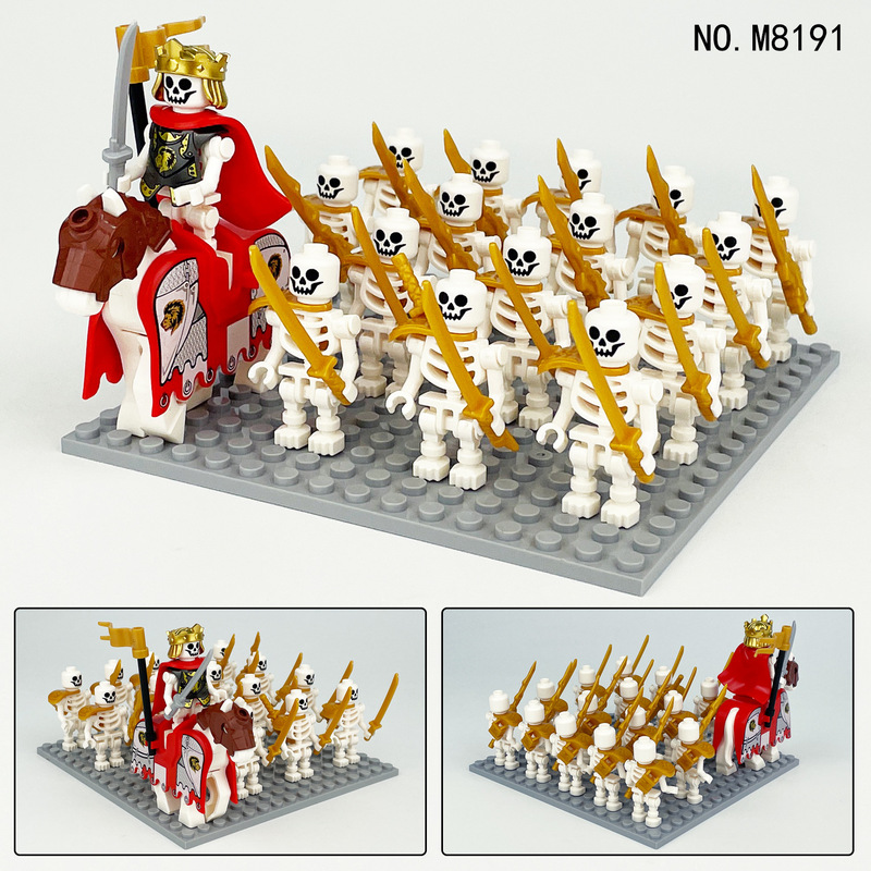 Cross-Border Wholesale M8191 Skeleton Army Medieval Minifigure White Horse Baseplate Children's Assembly Small Particle Building Block Toys