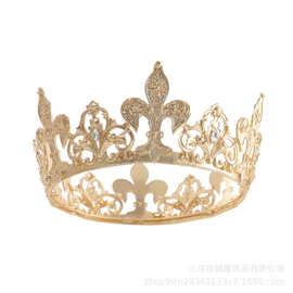 圆形皇冠合金水钻女王结婚王冠头饰彩色水晶头冠头饰皇冠新娘跨境