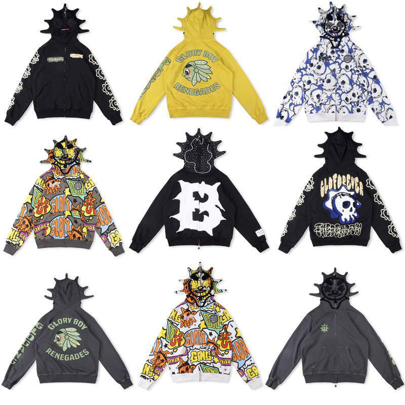 Cross-border Foreign Trade Glo Gang Cartoon Printed Diamond Zipper Jacket terry Hoodie Sweater Men's and Women's Cardigan Trendy