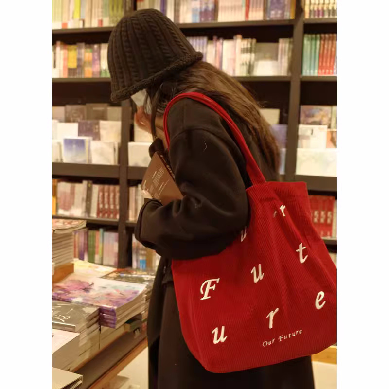 여성 레드 코듀로이 자수 숄더백 대용량 XL 토트백 지퍼형 레저 여행 가방