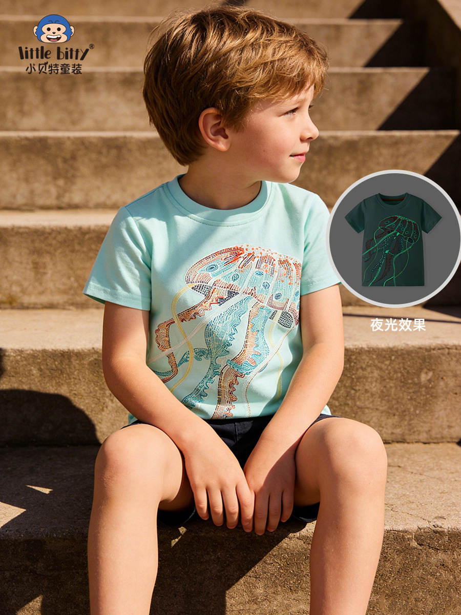 Cross-Border 2026 Spring/Summer New Children's T-Shirt with Cartoon Glow-In-The-Dark Jellyfish Embroidery, Round-Neck Boys' Base Shirt in Stock