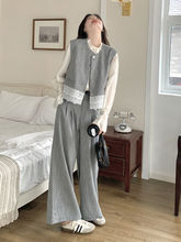 胖特大码斤蕾丝拼接马甲套装女春秋新款高腰阔腿裤两件套