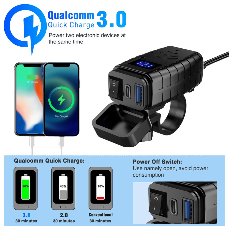 新型改造車載オートバイの携帯電話充電と防水QC PD電圧デジタル表示スイッチ付き車充電が速い|undefined