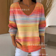 欧美跨境独立站秋季新款3D印花女士时尚渐变色V领长袖T恤上衣