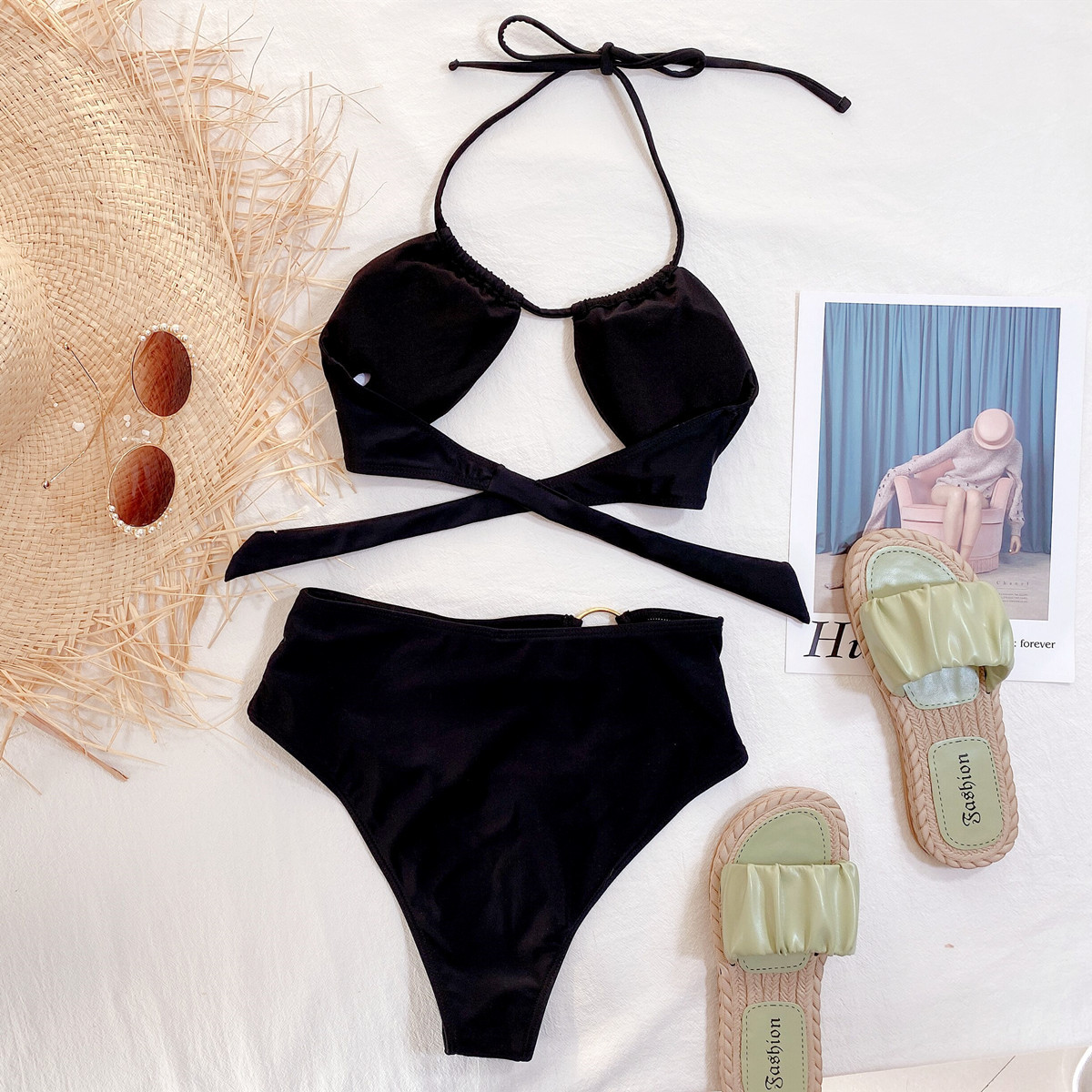 Pure Color Sexy Hollow Split Swimsuit NSDA51935