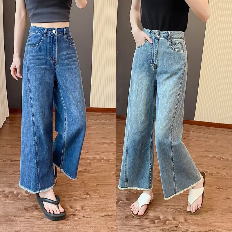 plus size Women's Summer New Straight-Leg Jeans Slimming Chubby Sister Pear-Shaped Body Loose Wide-Leg Pants for Small Men