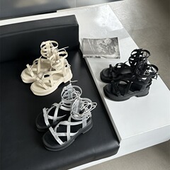 166-18~2024年夏季新款蝴蝶結露趾法式松糕厚底高幫羅馬涼靴女