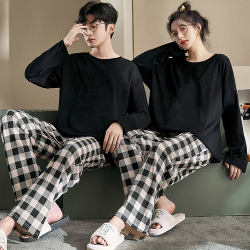Spring and Autumn Couple's Cotton Long-Sleeve Pajamas, Wearable Outside for Men and Women, Cute Plus Size Women's Autumn and Winter Homecoming Clothes, Minimalist