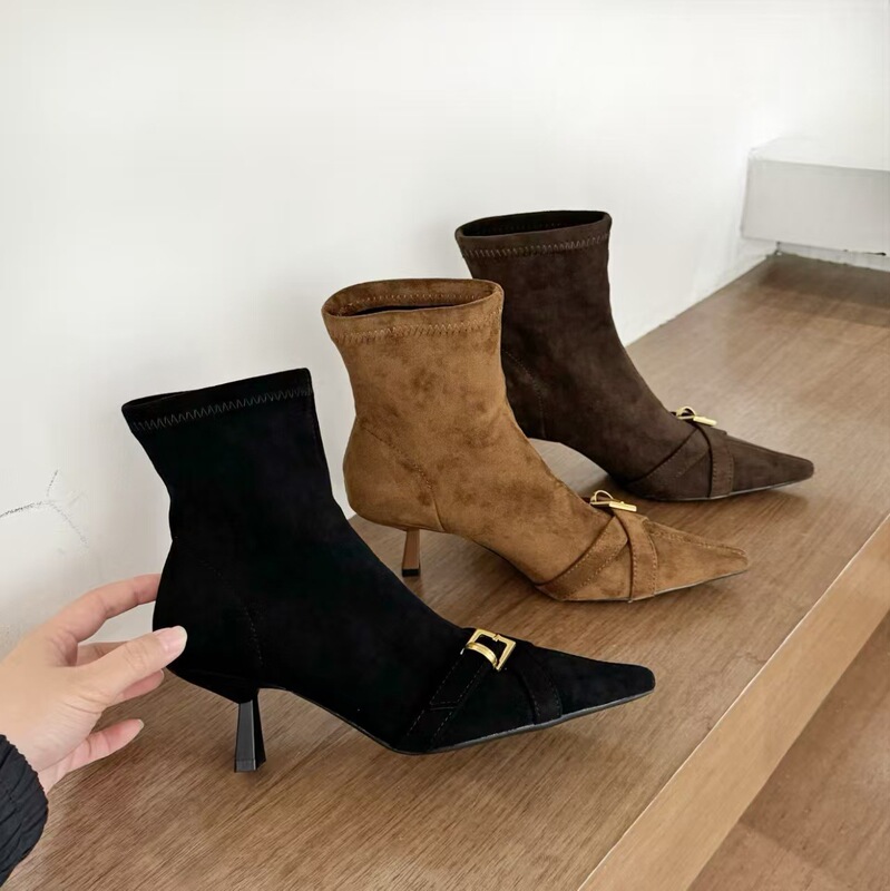 French Retro Suede High-Heeled Short Boots for Women 2025 Autumn and Winter Elegant Pointed Toe Stiletto Heel Metal Buckle Slim Boots Nude Boots French Retro Suede High-Heeled Short Boots for Women 2025 Autumn and Winter Elegant Pointed Toe Stiletto Heel Metal Buckle Slim Boots Nude Boots