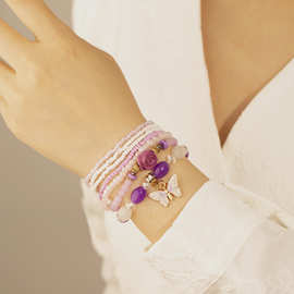 新欧式玫瑰蝴蝶吊坠紫色系琉璃米珠多层手串原创手工串珠手链手饰