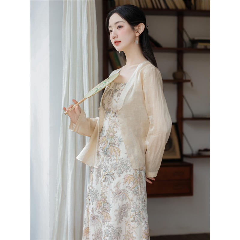新中式上衣国风女装杏色茶服优雅外披吊带裙套装淑女印花连衣裙