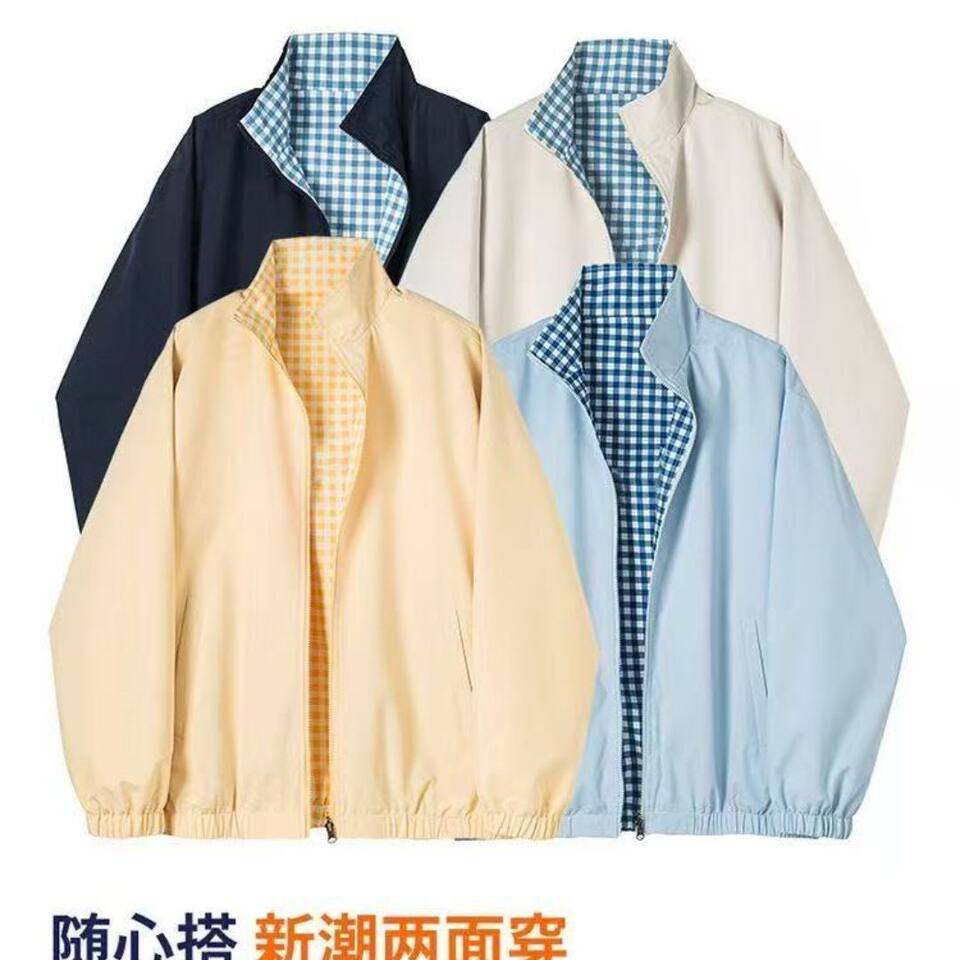 Áo khoác nữ hai mặt mặc được dáng rộng phong cách Hàn Quốc, tay dài cổ ve, dài áo 50–65 cm — Áo khoác kẻ sọc vàng có thể đảo ngược, Áo khoác kẻ sọc xanh có thể đảo ngược chi tiết 8