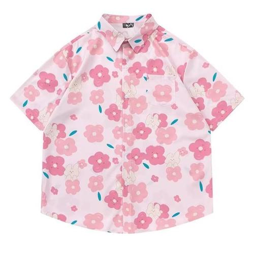 Men's Summer Vintage Hong Kong Style Floral Print V-Neck Shirt Loose Thin Top