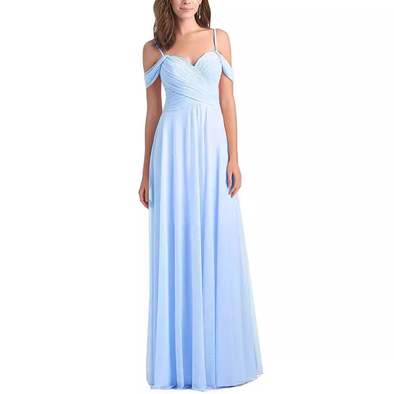Women's off-the-shoulder chiffon A- line ruffled bridesmaid dress long evening gown formal dress for prom party