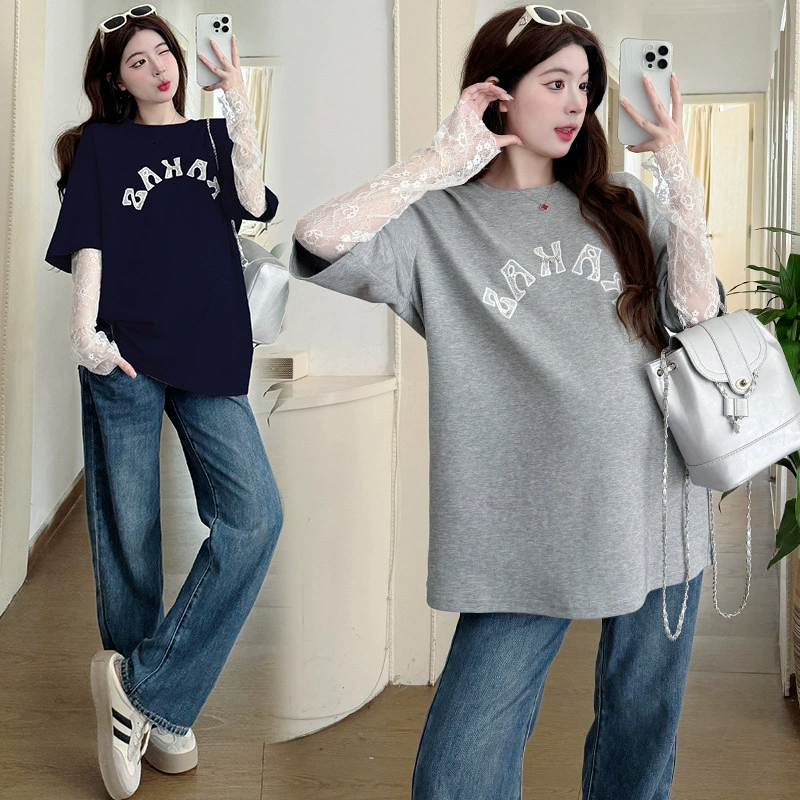 2025 лето новый свободный для беременных повседневная футболка с вышивкой буквы сращивание кружева поддельные две части для беременных топ