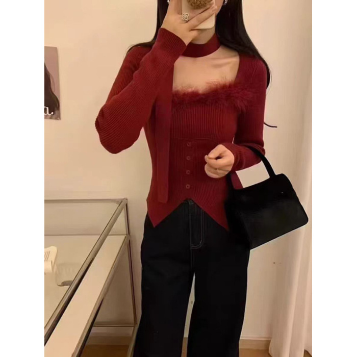 純欲の毛のつなぎ合わせの方襟のニットの女性の秋の新型の修身の小さい大衆のギャルの中でショートタイプの底の上着を掛けます。