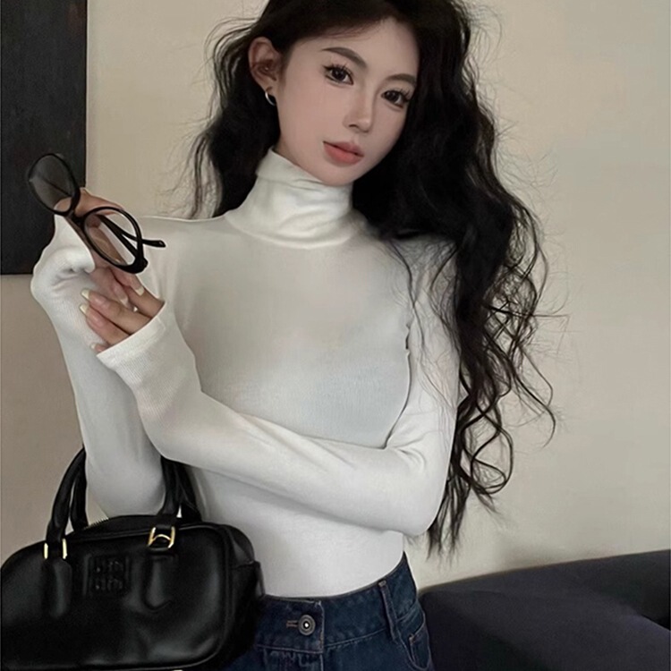 韩版灰色高领长袖T恤女秋季新款收腰修身打底衫纯色紧身内搭上衣|undefined