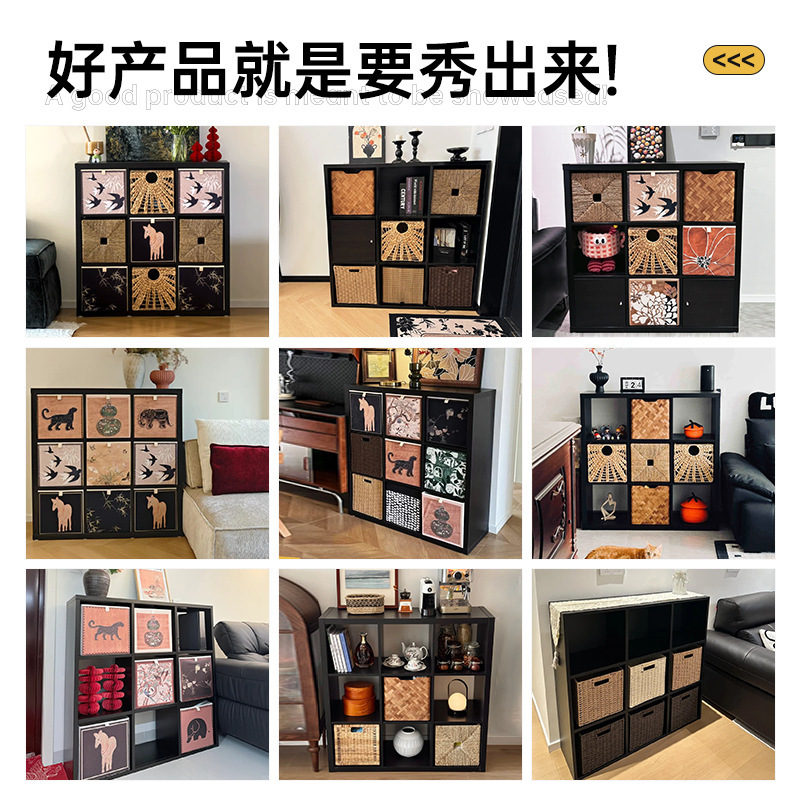 中古风实木书架落地置物架卡莱克格子柜九宫格小户型玄关柜子书柜|undefined