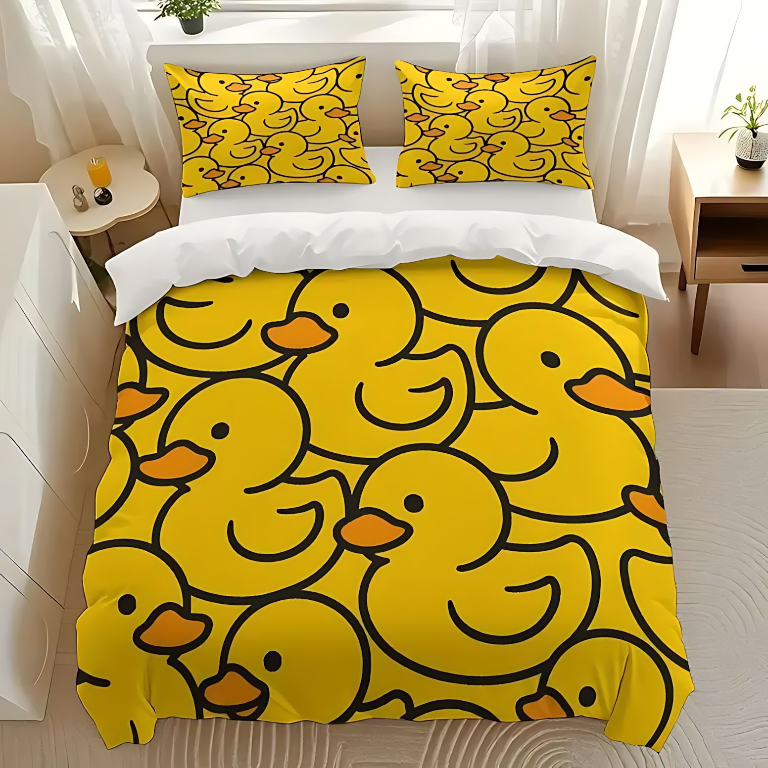 TEMU / JIT comercio exterior impresión digital 3D patito amarillo patrón de pelo abrasivo colcha de cama set