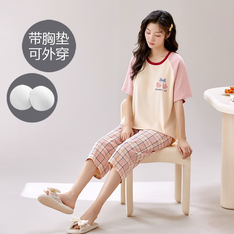 Summer Women's Pajamas with Breast Pads, Short-Sleeved Cropped Pants, Home Clothes Set, Cool, Breathable, Bra-Free, Can Be Worn Outside