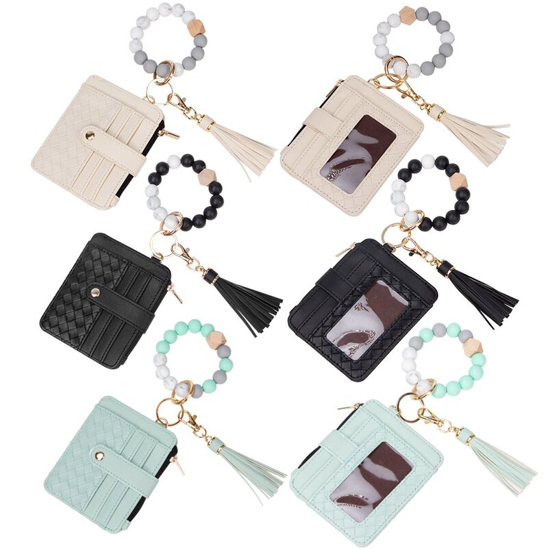 Pu Tassel Large-Capacity Card Holder Silicone Bead Wristband Keychain Zipper Wallet Cross-Border Gift