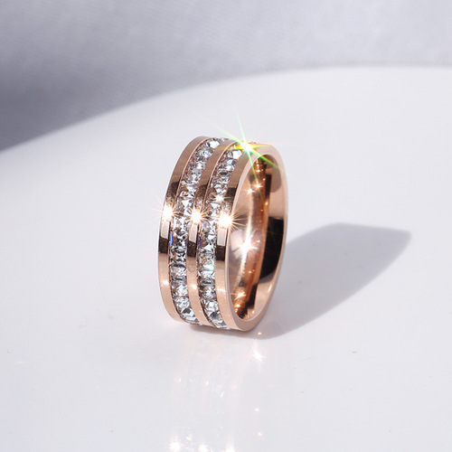 Hong Kong style rings for couples, men and women, simple students, double single row square diamonds, Japanese and Korean tail rings, index finger, fashionable middle finger ring
