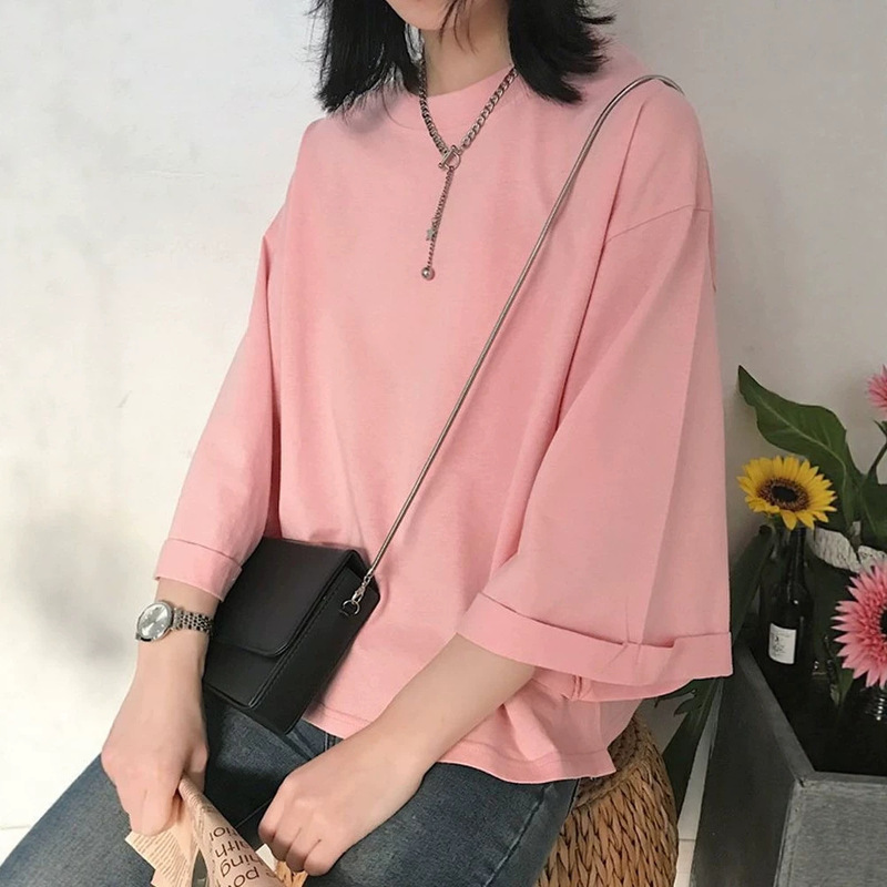 Japanese and Korean casual solid color rolled hem three-quarter sleeve T-shirt for women, 2026 autumn new style, loose fit, plus size, round neck top, foreign trade Japanese and Korean casual solid color rolled hem three-quarter sleeve T-shirt for women, 2026 autumn new style, loose fit, plus size, round neck top, foreign trade