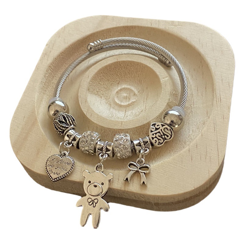 Pulsera de Acero Inoxidable Panjia Dora con Corazón y Oso, Pulsera Abierta con Cuentas para DIY, Joyería de Estilo Fresco, Éxito de Ventas en Amazon