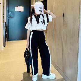 女童黑白拼色Polo套装儿童夏季字母印花两件套侧边条纹运动阔腿裤