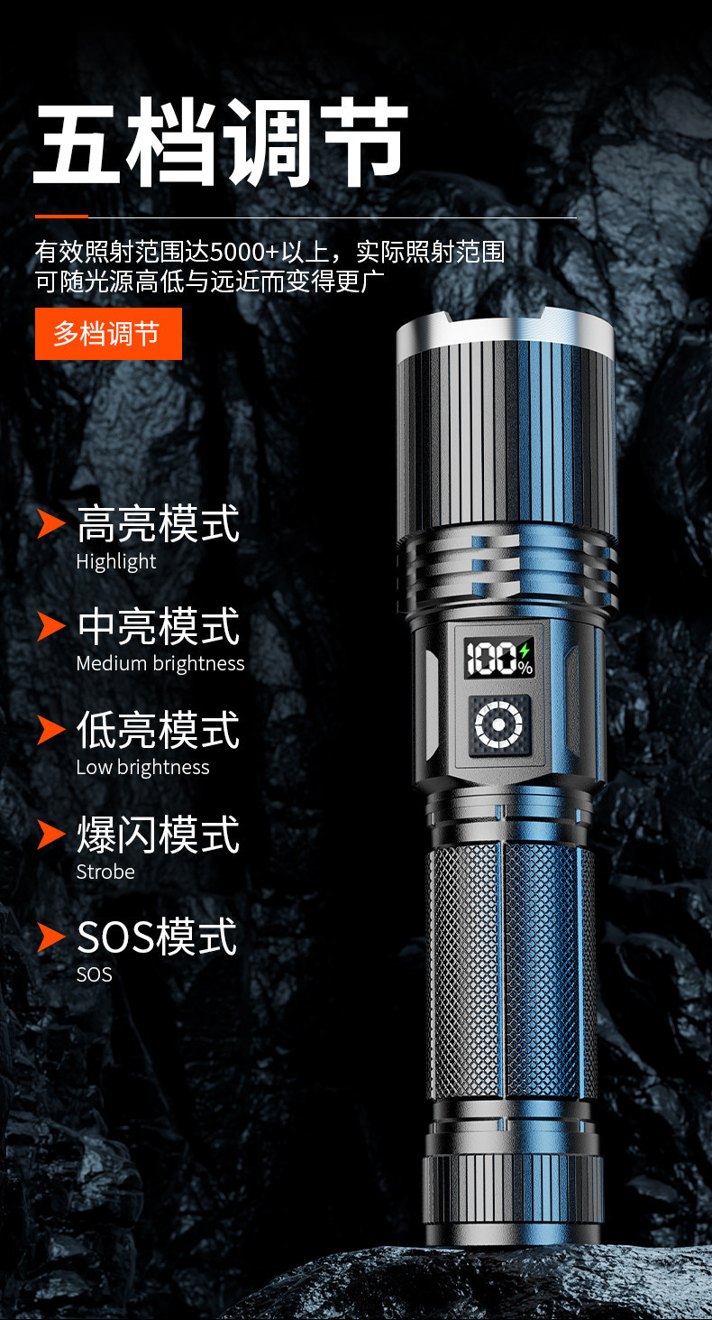 Flashlight with Strong Light, Rechargeable, Ultra-Long Battery Life, Large Capacity, Military Outdoor Use, Ultra-Bright, Small, Portable, Durable, Household Light