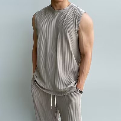 Traje deportivo de seda de hielo Chaleco de verano de los hombres camiseta sin mangas Pu Shuai Alto sentido de los hombres ropa deportiva coreana traje de dos piezas