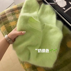 广州十三行高货爆款~奶绿色马海毛软糯毛衣女慵懒套头针织衫上衣