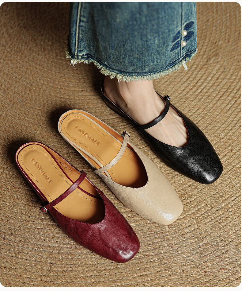 Dép mule nữ da cừu mũi tròn hở gót, gót thấp 4 cm, phong cách thời trang hè — đen chi tiết 4