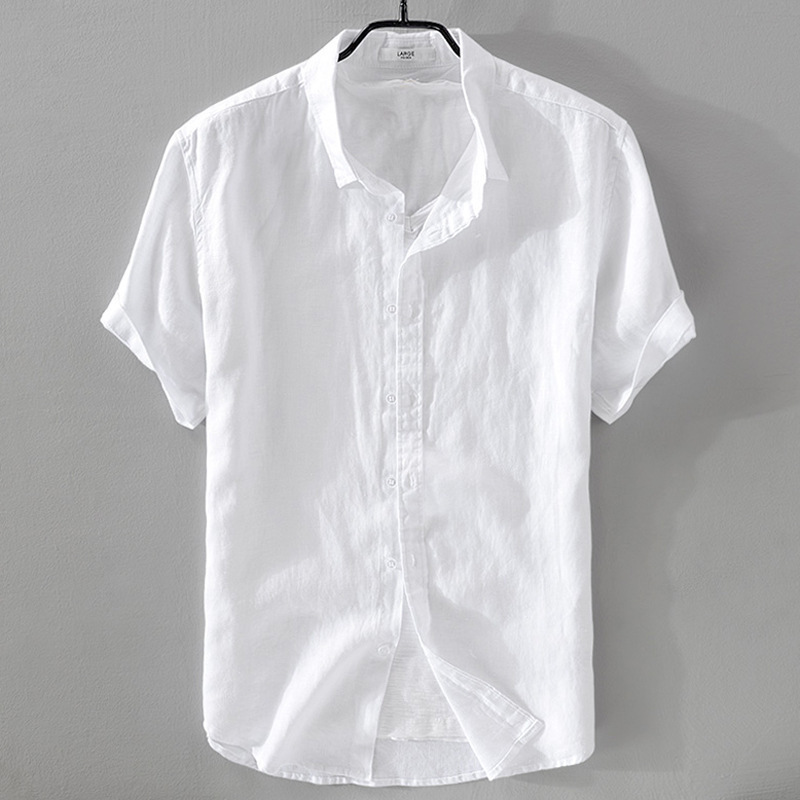 Summer Thin Breathable Pure Linen Shirt Men's Short-Sleeved Loose Top with Lapel White Cotton and Linen Shirt