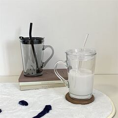 Large-capacity straw cup, high-end glass cup for home, office with cover and handle coffee cup, Feng Shui cup for women 